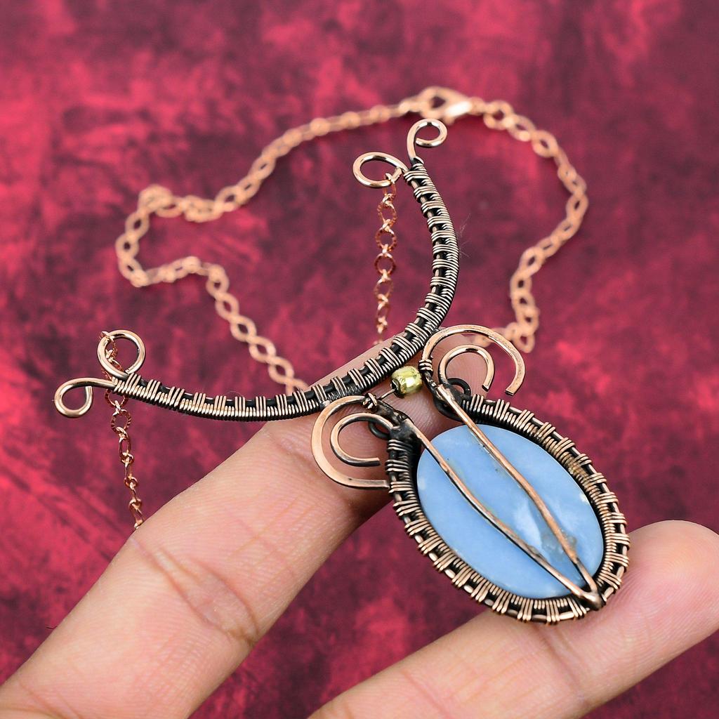 Angelite Necklace Copper Wire Wrapped Gemstone Necklace Adjustable Chain Necklace Angelite Jewelry Handmade Necklace Copper Jewelry For Gift