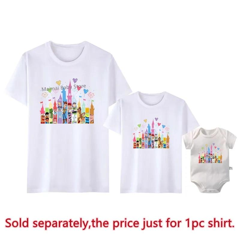 

Женские футболки «Новый замок История игрушек», одинаковые рубашки для всей семьи, хлопковые футболки для папы, мамы и детей, футболка с изображением первого мультфильма, топы, забавные наряды из мультяшного мира Girl Romper-24M белый