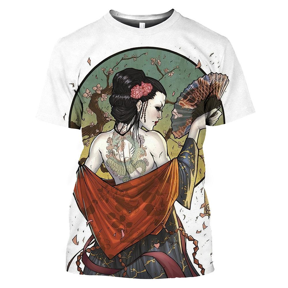 Harajuku Japanese Geisha 3D tištěné pánské a dámské tričko Letní streetwear O-neck Krátký rukáv Top Volný Pár Oblečení