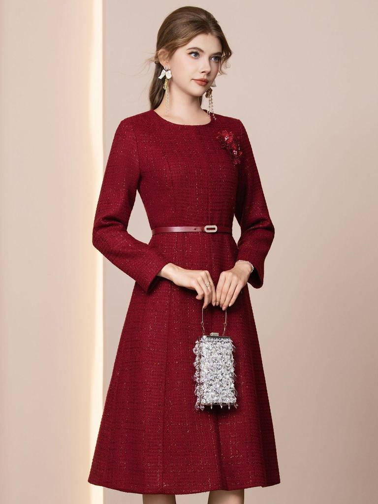 Zhi Li Elegant Red Spring Dress with Coat and Long Sleeve Woolen Skirt, 2026