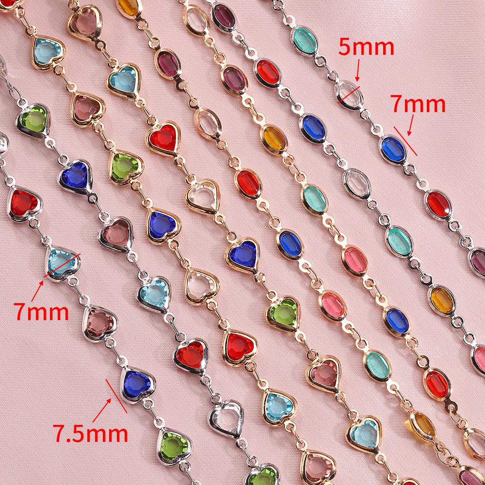 1Meter Crystal Bead Chain Colorful Love Heart Oval Glass Beads Copper Chains for Necklace Bracelet Jewelry Making DIY Supplies