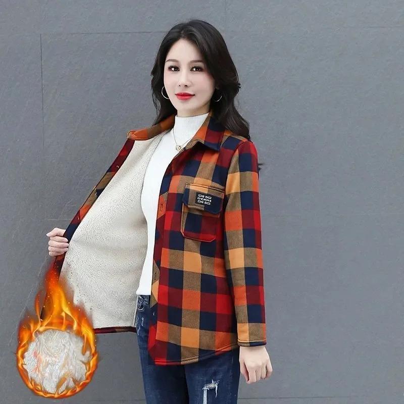 Keep Warm Add Velvet Shirt for Women Spring Autumn Winter Fashion Versatile Grid Shirt Jacket Female Blouse Top