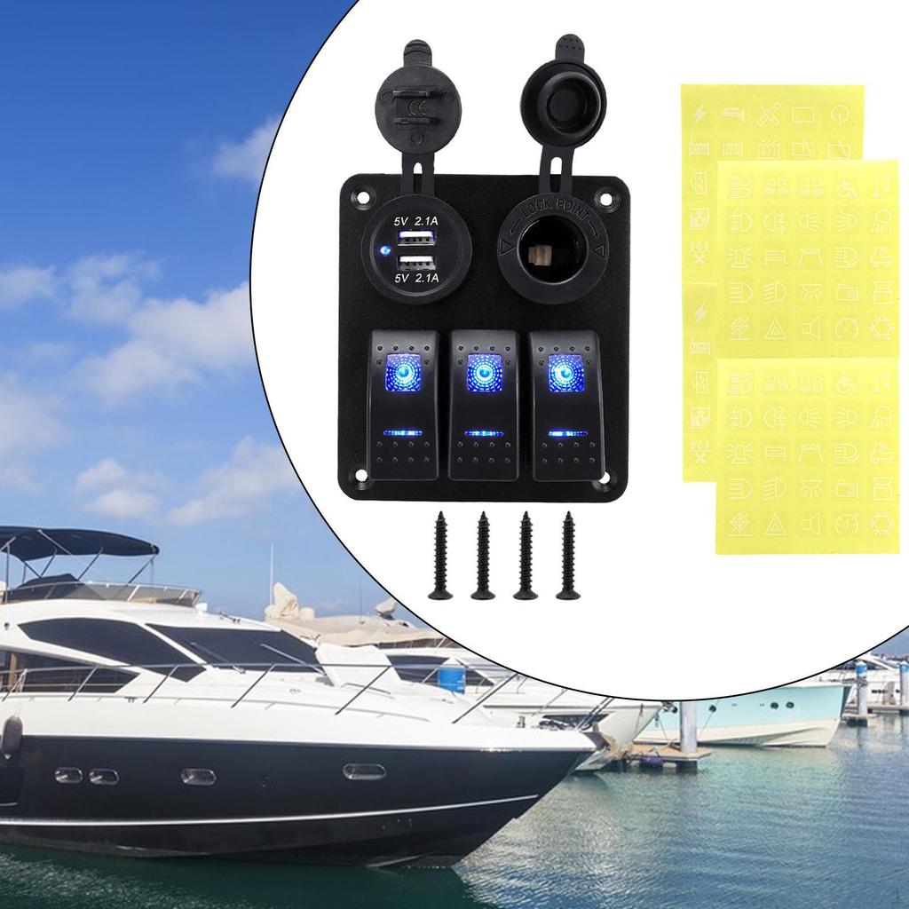 3 Gang Rocker Switch Panel Pre Wired 12V 24V for Boat RV Marine Blue