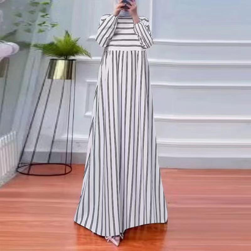 

2024 Striped Loose-Fit Muslim Maxi Skirt with Long Sleeves and Round Neck - Extra Large Small білий