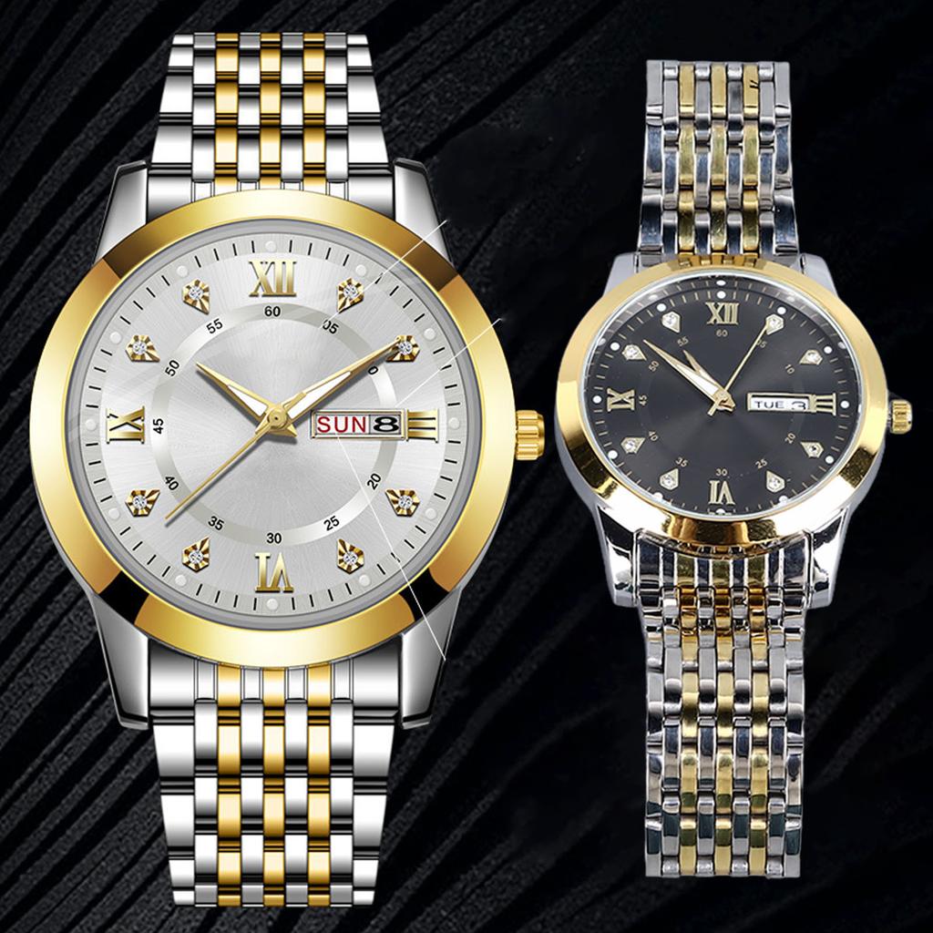 Men Quartz Business Watch with Date Luminous Stainless Steel Double Calendar Wristwatch Waterproof Lightweight Watch