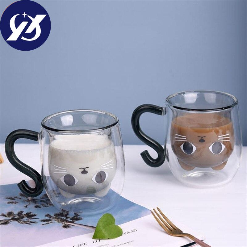 Double Wall Glass Milk Juice Cup Creative Cute Cat Shape Coffee Mug Cartoon Couple Teacup with Cover Household Office Drinkware