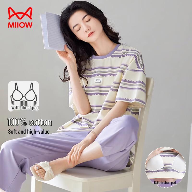 Mao Ren Women s Striped Cotton Lounge Set with Chest Pads XL
