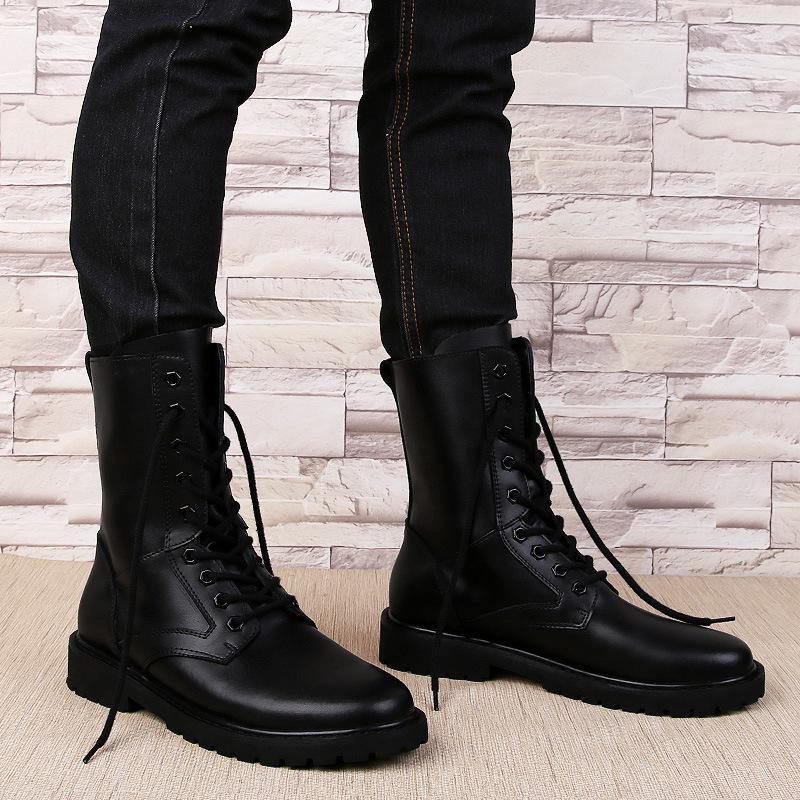 Plus Size Men's Black High-Top Cotton Martin Boots 48-52, Cowhide & Fleece Lined, Warm Workwear Shoes
