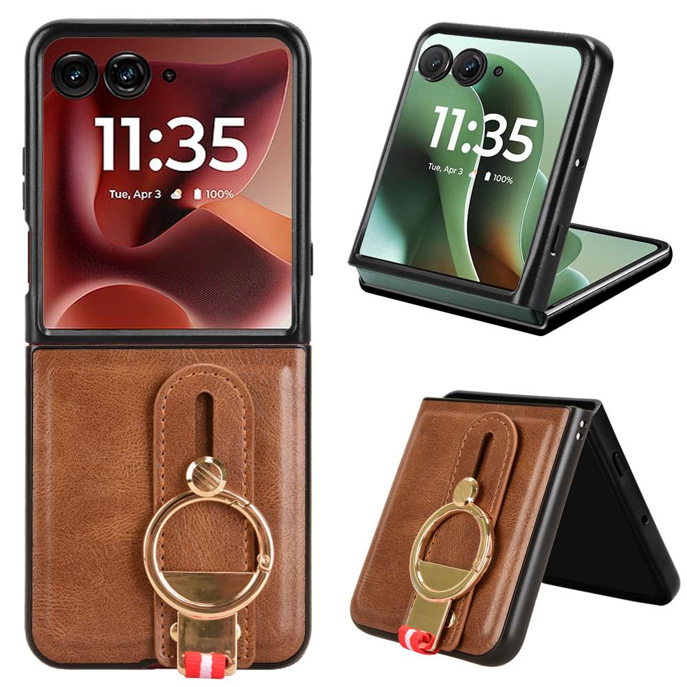 

Чехол для Motorola Razr 60 Ultra 5G с браслетом-подставкой, кожа+ПК+ТПУ, чехол для телефона с открывалкой для бутылок Brown