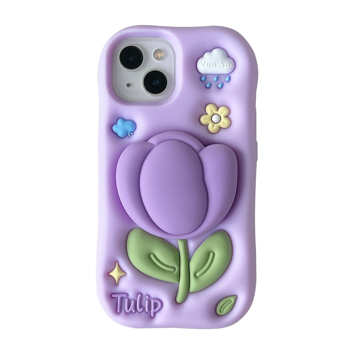 

3D Purple Tulip Telecopic Bracket Phone Case For iPhone 12 13 14 15 16 17 Pro Max Plus Flower Soft Silicone Protective Cover iPhone 17