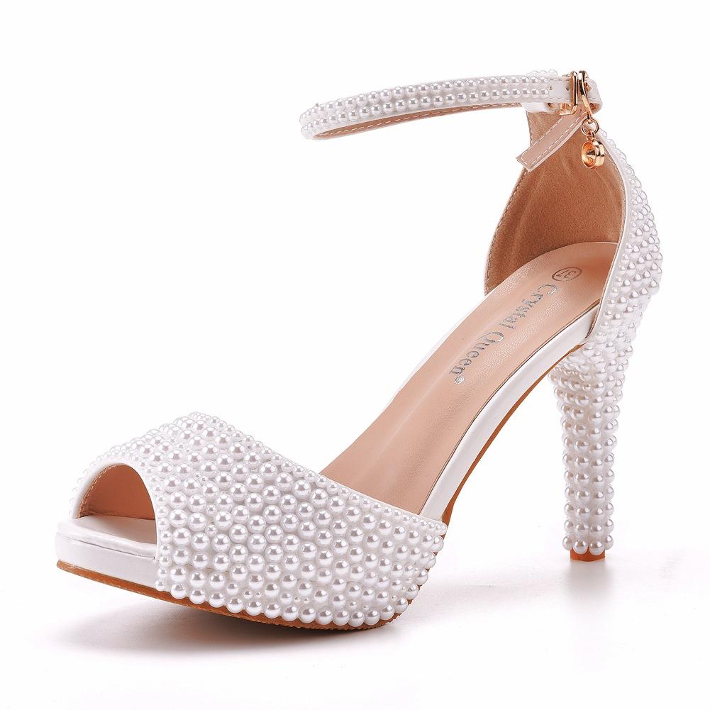 European and American Large-size Fish Mouth High Heel Sandals Waterproof Platform Sandals Thin-heeled Pearl Beaded Wedding Shoes
