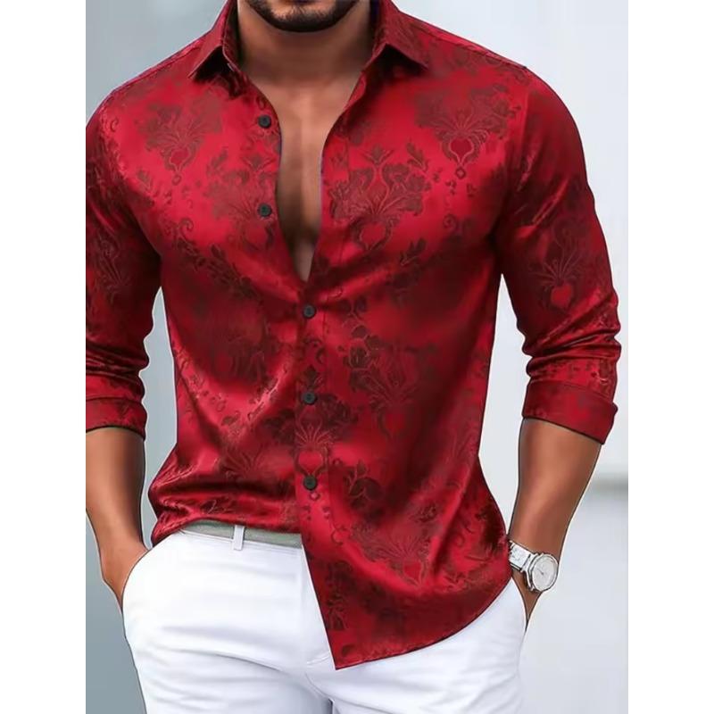 Men's Satin Floral Long Sleeved Shirt with Luxurious Lapel and Button Gloss for Business and Leisure Parties