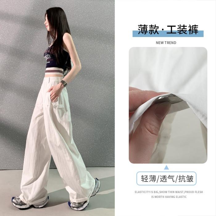 Women's Loose Wide Leg Cargo Pants Non Stretch Soft Thin Cotton American Retro Barrel Multi Pocket Wrinkle Resistant Two Length Casual Trousers
