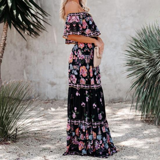 Women Dress Floral Print Off Shoulder Temperament Strapless Slim-fitting Sundress for Party
