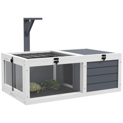 Tortoise Table with Wooden Lamp Holder, Wooden Tortoise House W/ Openable Lids, Pull-Out Trays - Grey