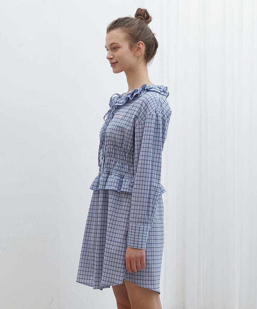 Near And Dear Shirred Waist Check Dress Blue