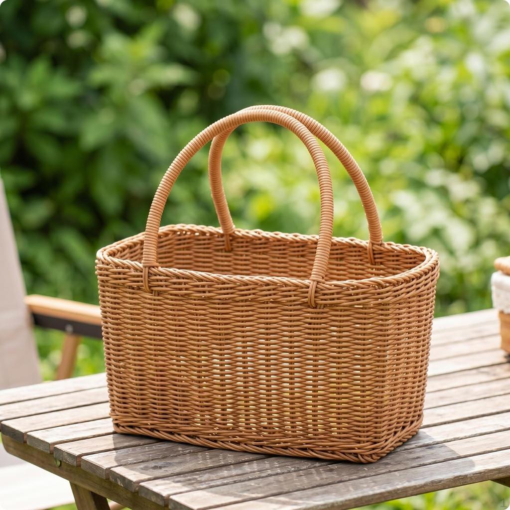 Rectangular Wicker Basket OpenTop Rattan with Handle Structured for Shoppers, Picnickers,