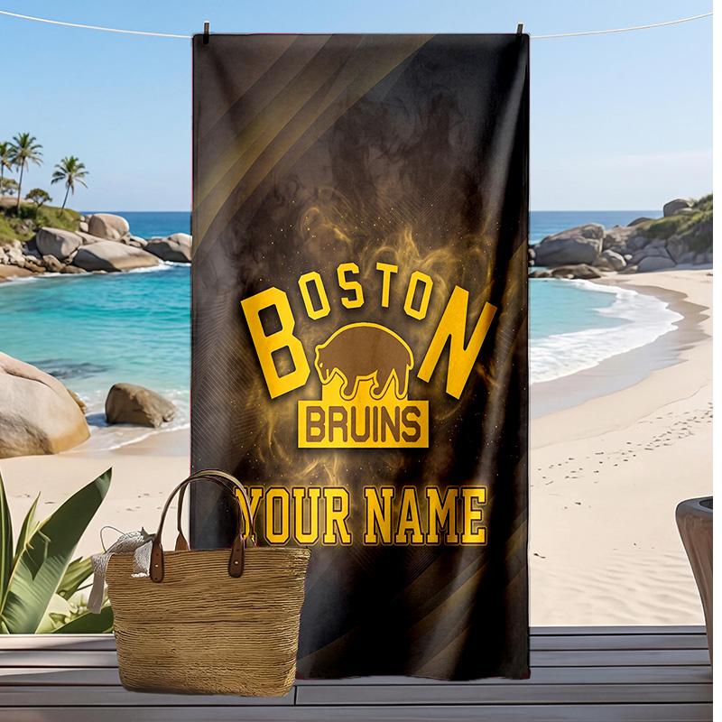Asciugamano da Spiaggia Personalizzato Boston Bruins, Stampa il Tuo Nome Testo Asciugamano Leggero Assorbente per Nuoto Viaggio
