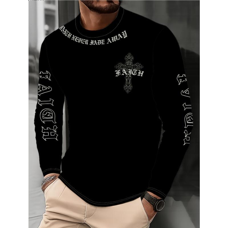 Men's Long Sleeve T-Shirt with Cross & Letter Print - Casual Round Neck Blouse Suitable for Casual Attire