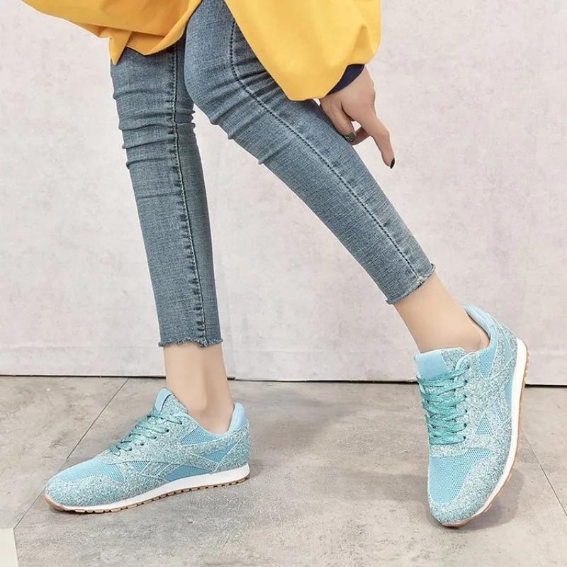 Women Sneakers Shining Glitter Autumn Flats Plus Size 43 Mesh Breathable Ladies Tenis Trainers Shoes Feminino Platform Shoes