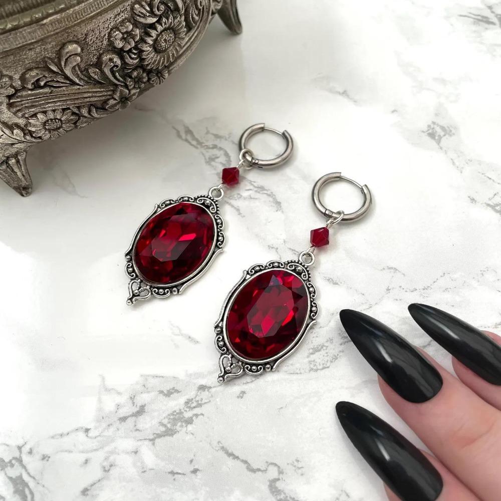 Victorian Gothic Geometry Multi-faceted Oval Black Red Crystal Hoop Earrings for Women Halloween Charm Jewelry Accessories Gift