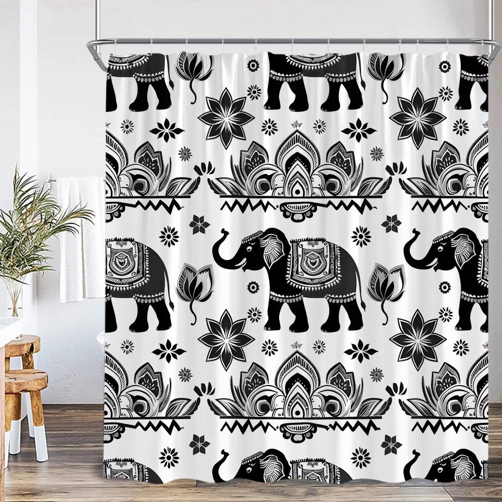Elephant Boho Shower Curtain Mandala Colorful Flower Doodle Wild Animal Art Bathroom Decior Ethnic Indian Bath Curtain with Hook