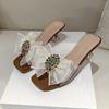 Fashion Summer Slippers Women's Square Head Crystal Buckle Lace Butterfly Knot Transparent Strap Non-slip Wear High Heels