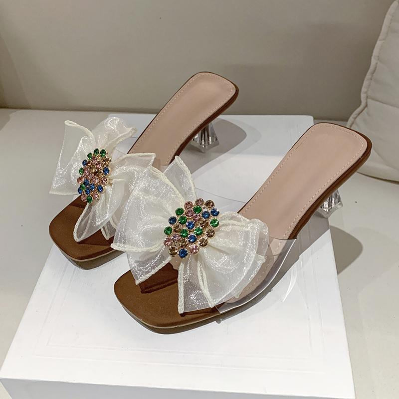 Fashion Summer Slippers Women's Square Head Crystal Buckle Lace Butterfly Knot Transparent Strap Non-slip Wear High Heels