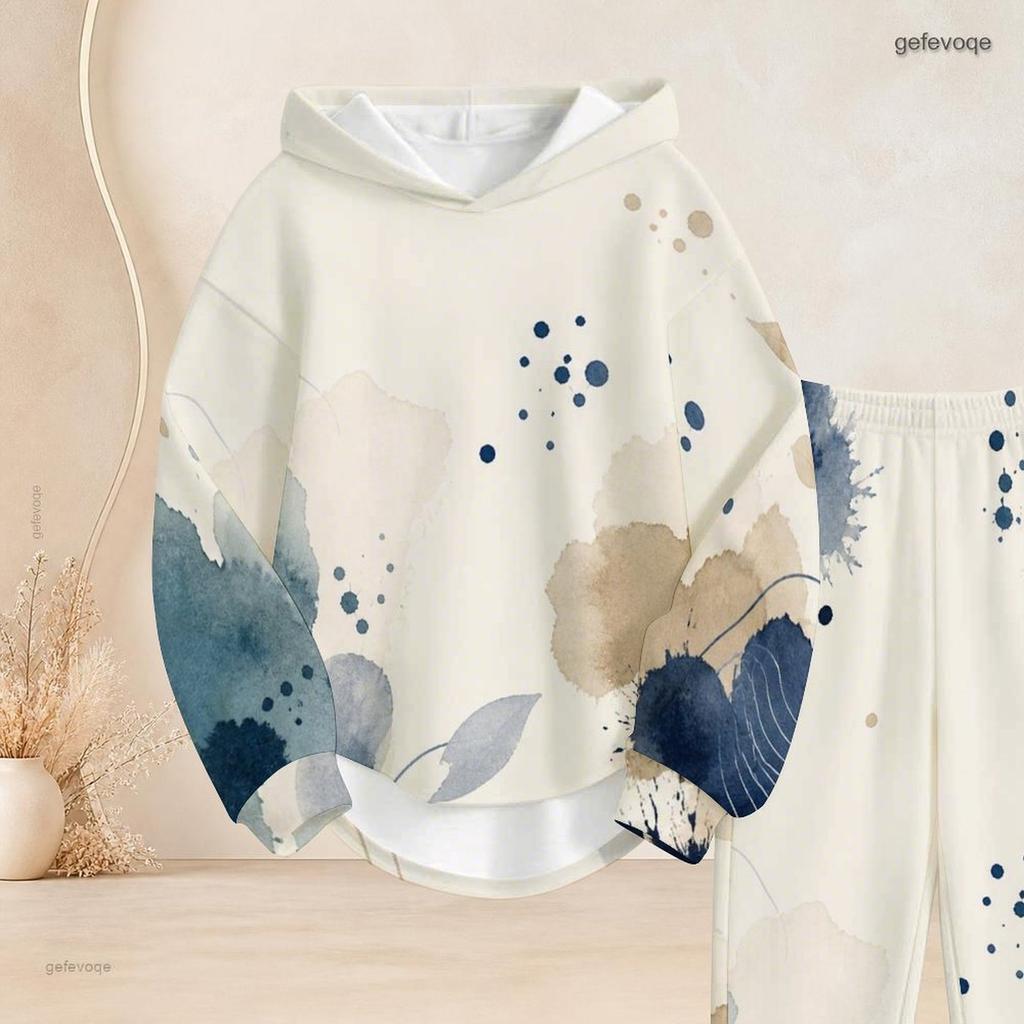 Women Plus Size Two Piece Set Abstract Leaf Printed Hooded Long Sleeve Top Cuffed Pants