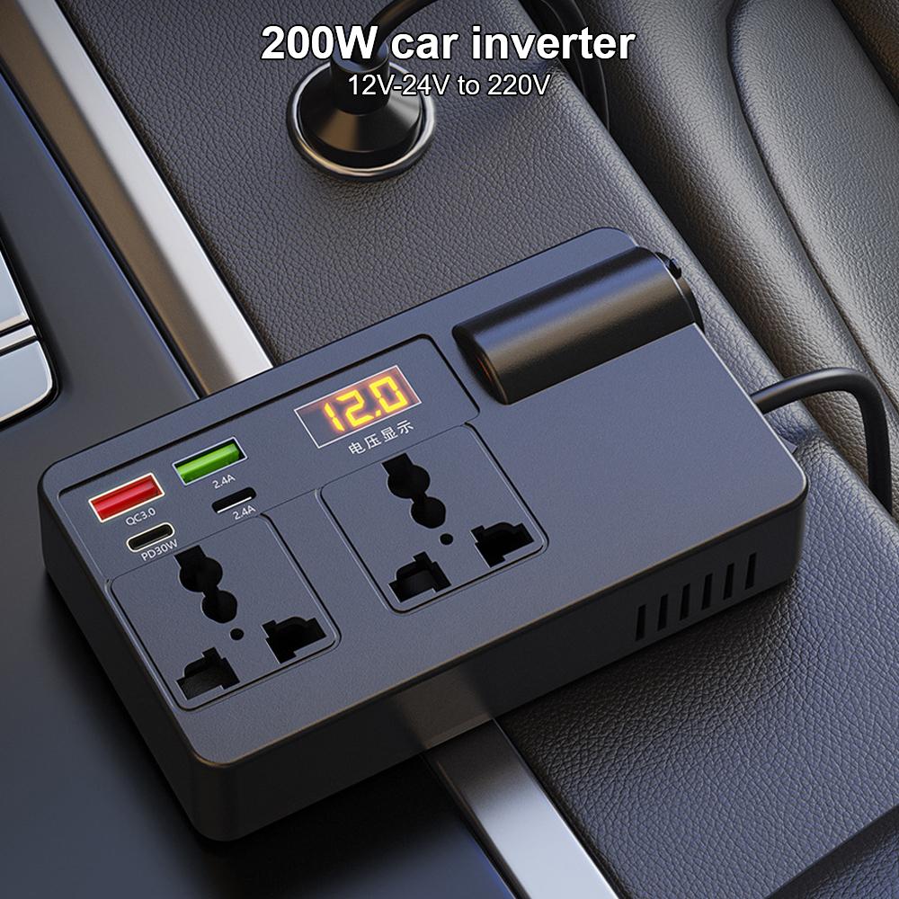ON/OFF Switch QC 3.0 Power Adapter USB/PD/Type-C Chargers Voltage Detection Universal DC 12V/24V to AC 220V Converter Car Inverter 200W