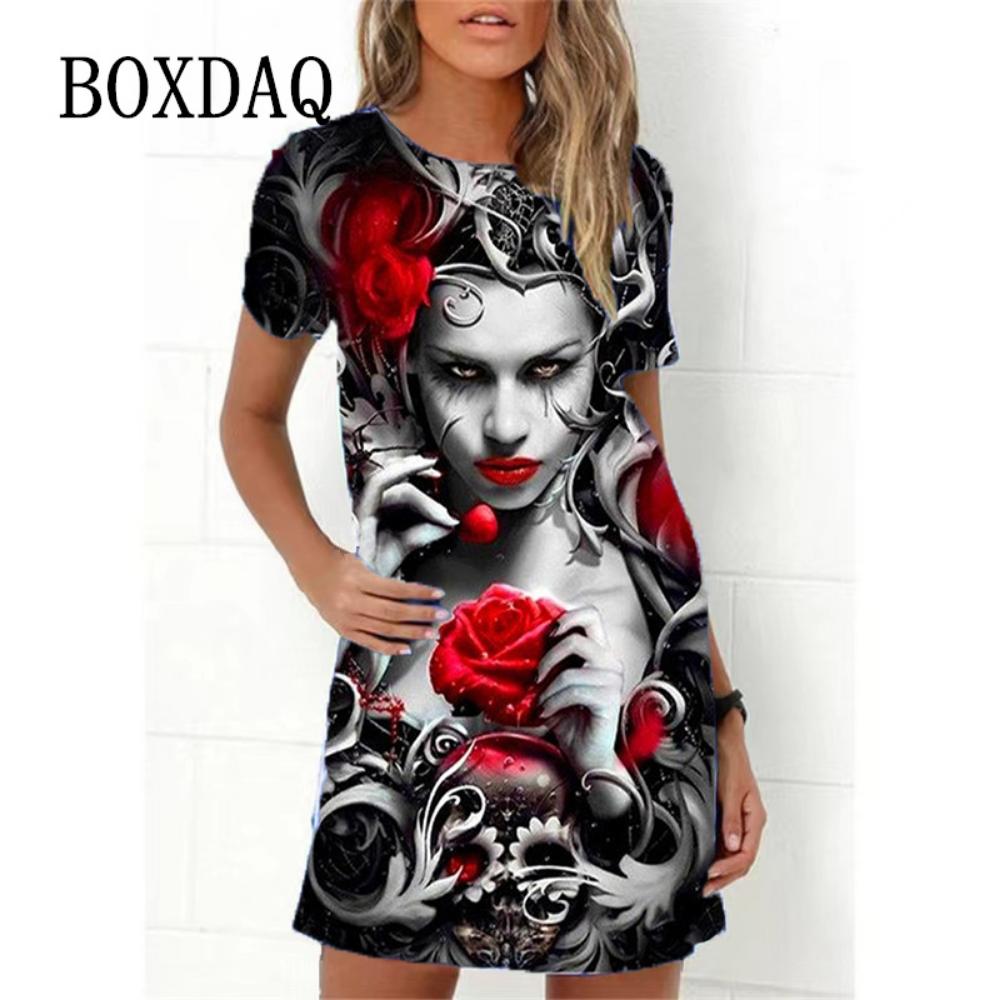 Mode Totenkopf 3D-Druck Damenkleid Lustiges Horror-Muster Lässiges A-Linien-Kleid Sommer 2026 Neu Kurzarm O-Ausschnitt Damen Sommerkleid