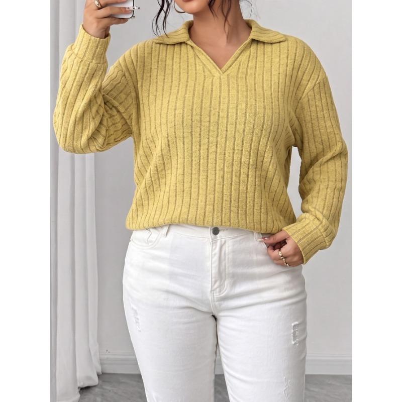 Plus Size Women S Long Sleeve Knit Turn Down Collar Striped Casual Basic Top