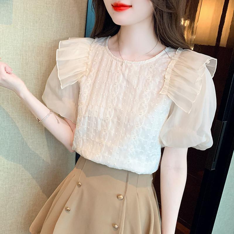 

Модная повседневная шифоновая рубашка с коротким рукавом для женщин, летняя рюшами в стиле пэчворк, элегантная блузка для женщин, приталенные винтажные топы с пышными рукавами, женские топы 24227 2XL абрикосовый