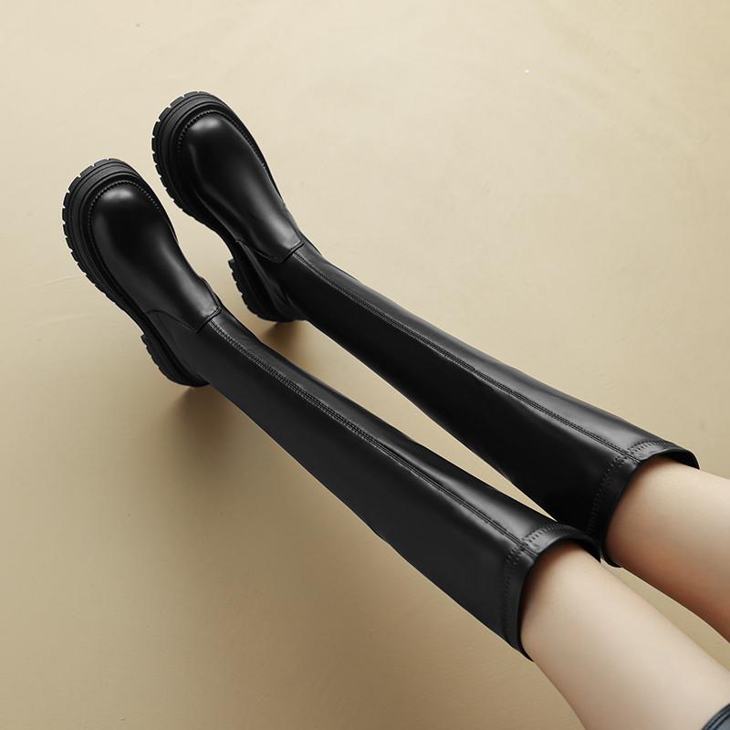 Krazing Pot Microfiber Autumn Winter Shoes Med Heels Flat Platform Size 42 Over-the-knee Boots Slip on Elastic Thigh High Boots