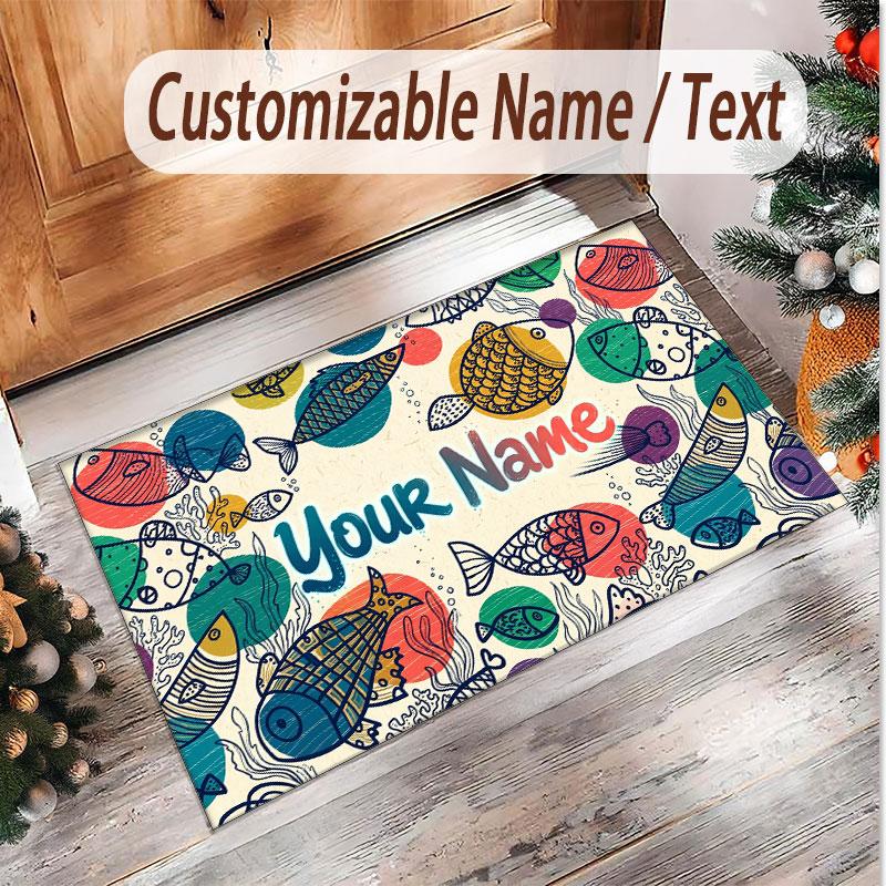 Fish Ocean Theme Soft Crystal Velvet Rug Custom Name & Text Print Non Slip Floor Rug for Bedroom Living Room