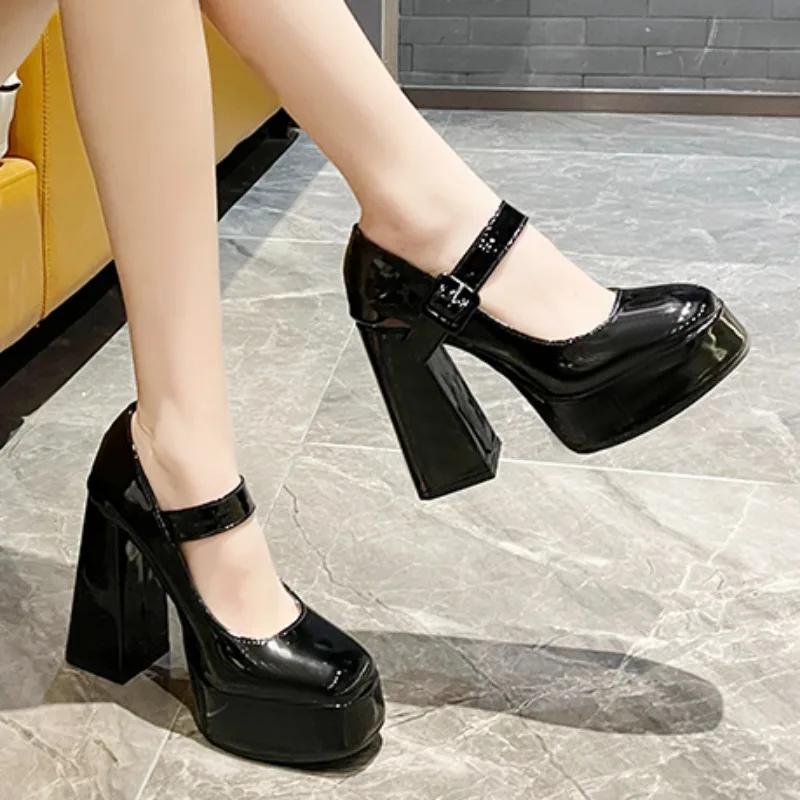 Womens High Heels Summer 2024Elegant Solid Color PU Leather Square Toe Dress Party Thick Sole Thick Heels Womens Mary Jane Shoes