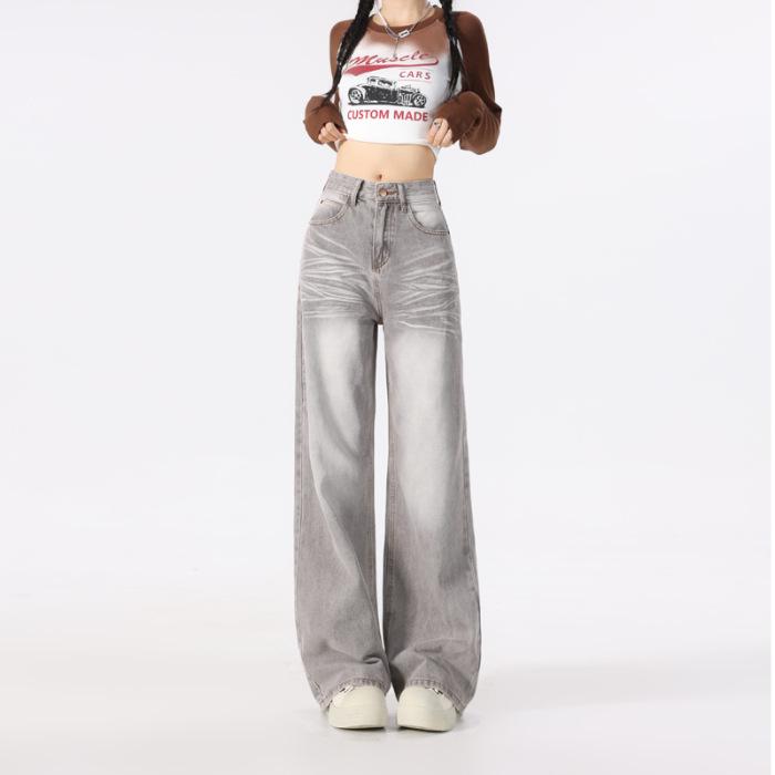 

Женские серые гофрированные джинсы с широкими штанинами - осенний ленивый уличный стиль 2024 года L