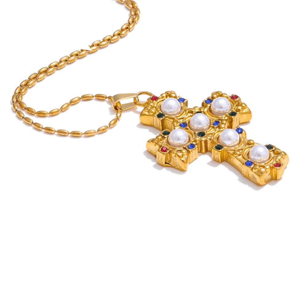 

Yhpup Zirconia Imitation Pearls Cross Pendant Golden Necklace Waterproof Plated Charm Stainless Steel Classic Popular Jewelry