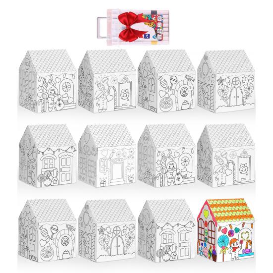 12 ks Vánoční omalovánka domeček DIY řemeslná sada s 24 barevnými fixami Živé sváteční ozdoby Vánoční domácí dekorace