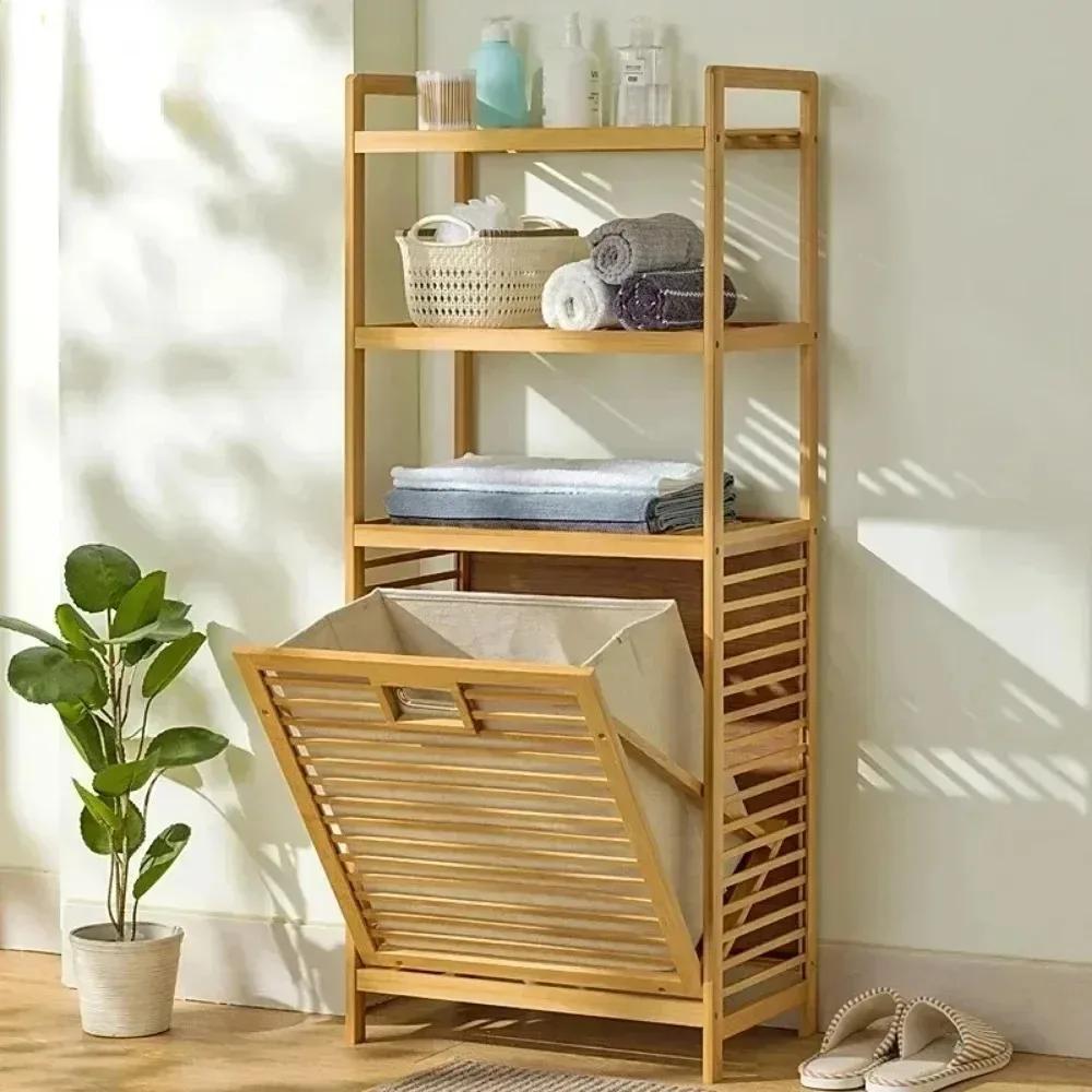 Bamboo Laundry Basket 3/4 Tier Dirty Clothes Storage Basket Rack With Tilt Out Baskets Home Multi-Function Wooden Laundry Hamper