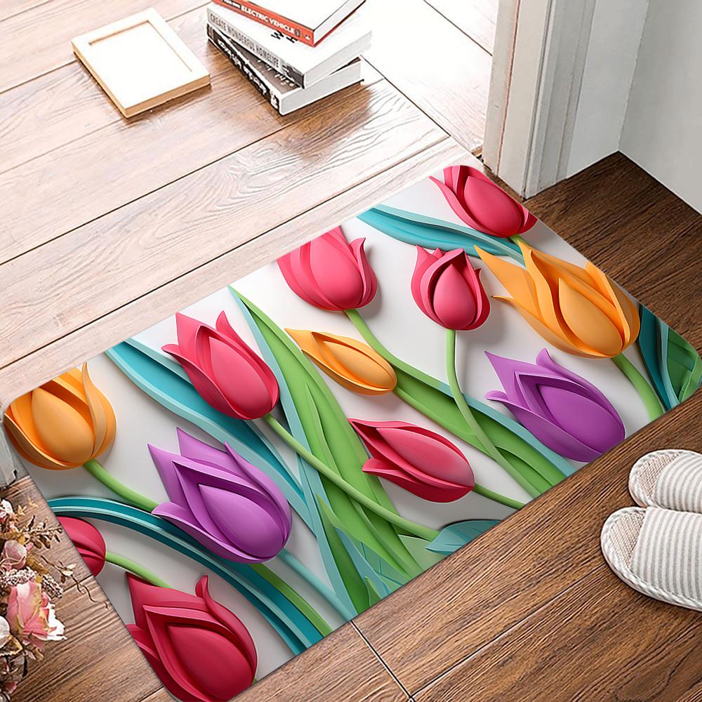 Colored Tulips Diatom Mud Entrance Antislip Home Outdoor Kitchen Rug Washable Hallway Bathroom Porch Floor Door Mat Decorate