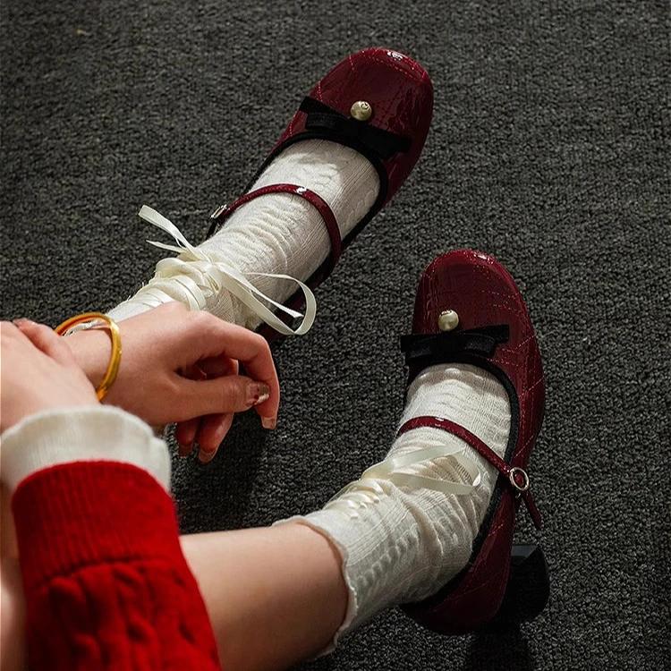 Fashion Bow Mary Janes Shoes Women Sandals Beaded High Heels Elegant 2025 New Brand Leather Chunky Dress Lolita Party Pumps High-quality