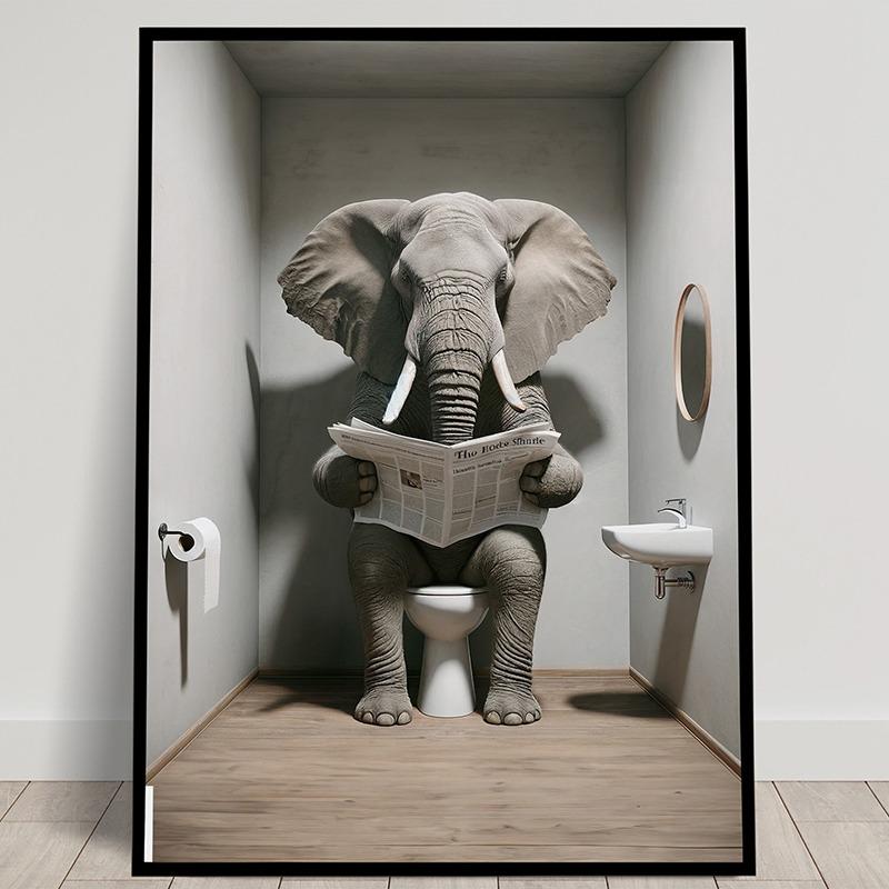 Animal Reading The Newspaper On The Toilet Posters and Prints Canvas Printing Wall Art Picture for Living Room Home Decoration