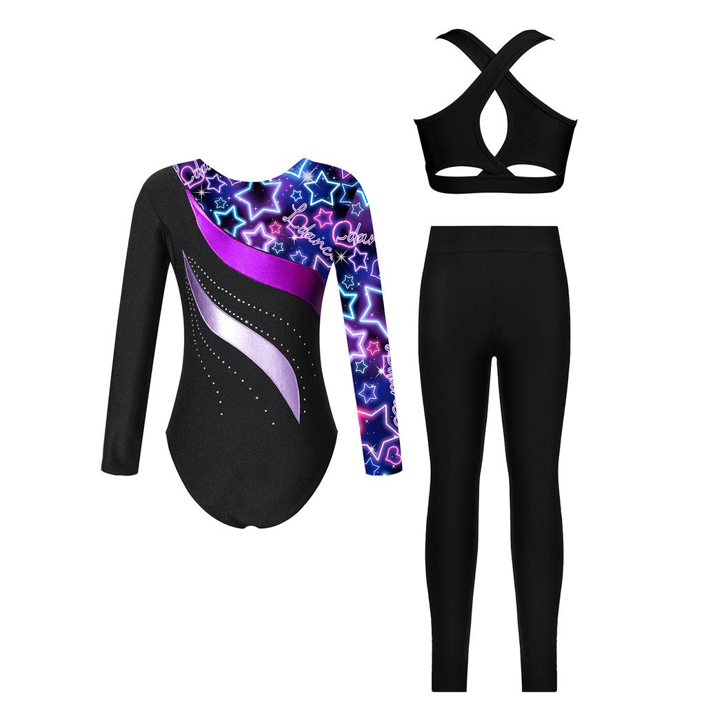 3-teiliges Turnset für Mädchen: Langärmliger Metallic-Patchwork-Turnanzug mit gekreuztem Rückenteil und Leggings