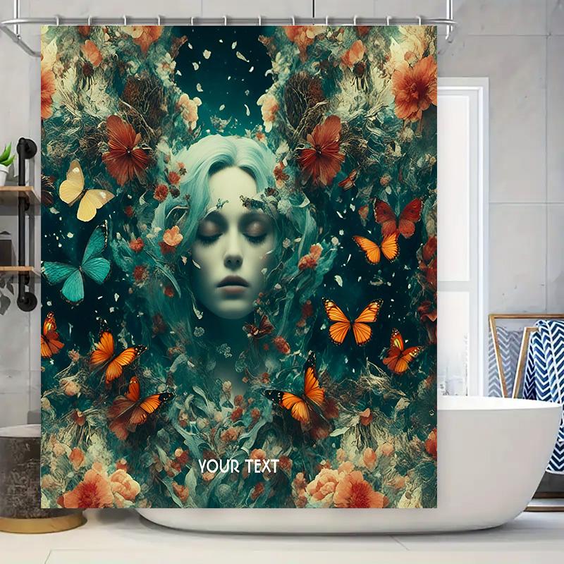 Bathroom Decor Shower Curtain Floral Butterflies Design with Customizable Text for Personalization in Home Decoration Supplies
