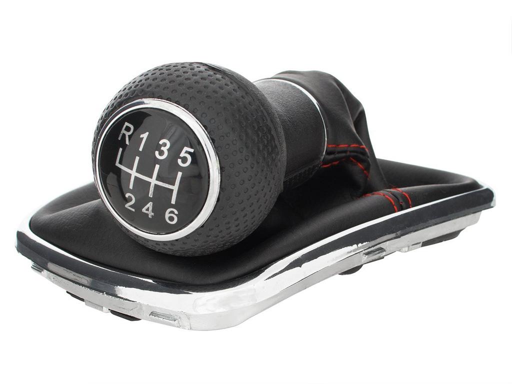 VW Golf IV 97-03 Gear Shift Knob with Boot, Red Stitching, Chrome Frame, 6-Speed, 12mm Hole