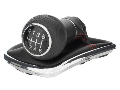 VW Golf IV 97-03 Gear Shift Knob with Boot, Red Stitching, Chrome Frame, 6-Speed, 12mm Hole