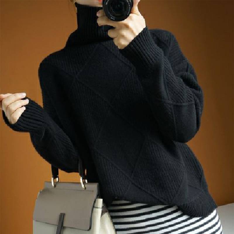 

Autumn and Winter Solid Color High Neck Knitted Sweater for Women Loose Large Size Bottom Top 3XL чёрный