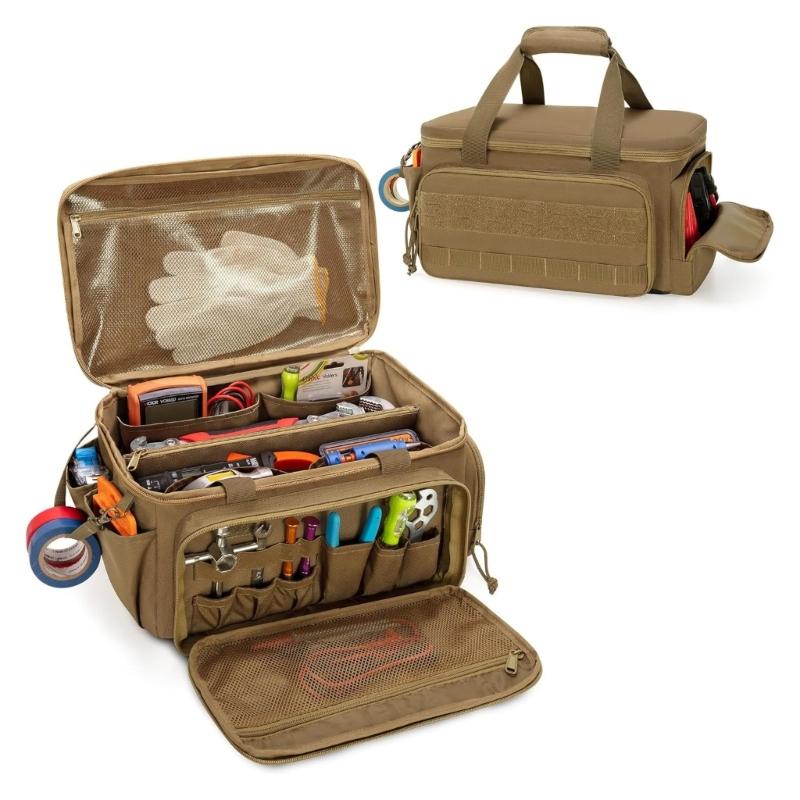 Tear Resistant Multiple Pocket Polyester Tool Organizer Multifunctional Electrician Tool Storage Bag with Side Lanyard