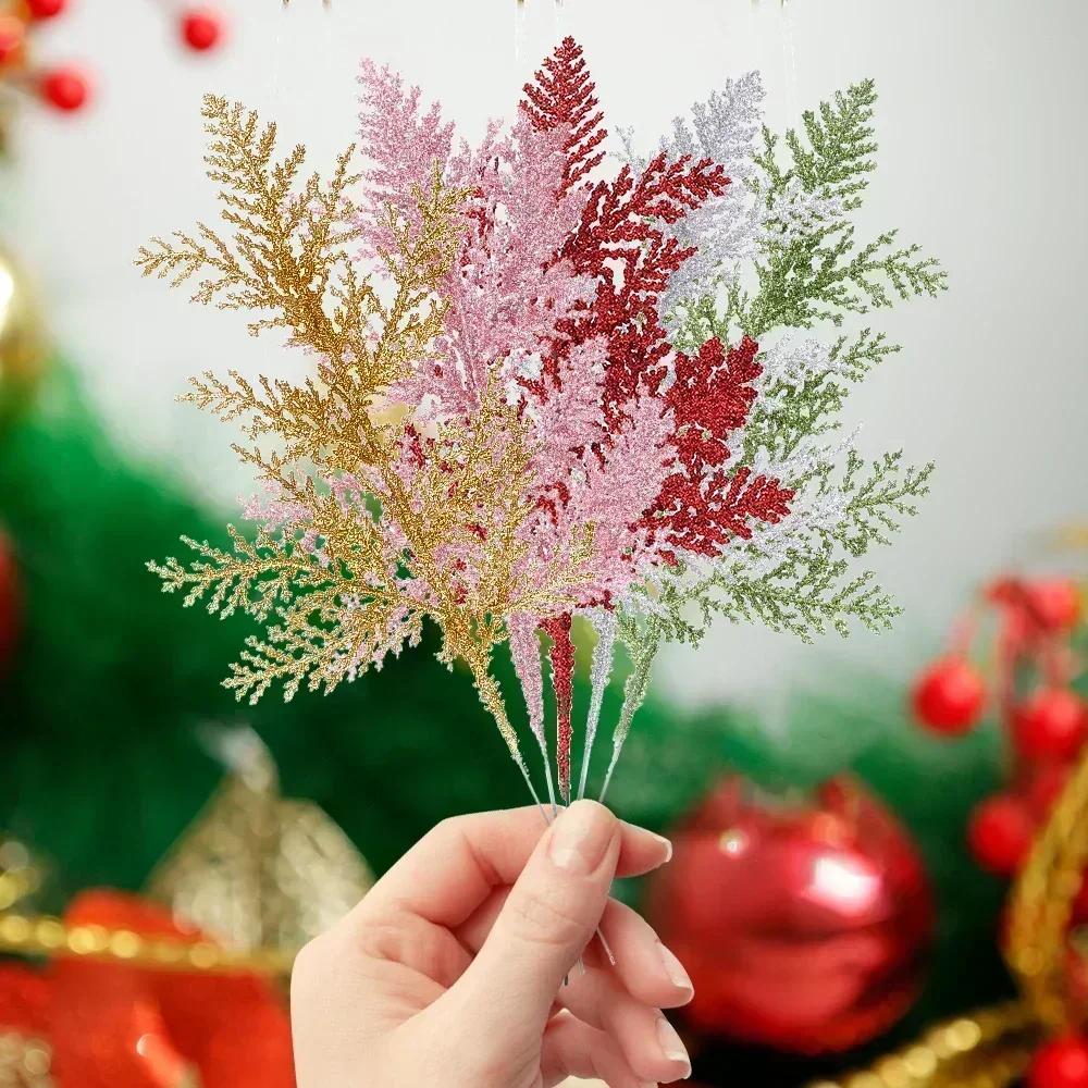 5Pcs Christmas Artificial Pine Leaves Branches Gold Simulated Plants Glitter Garland Xmas Tree Ornament Home New Year Decoration